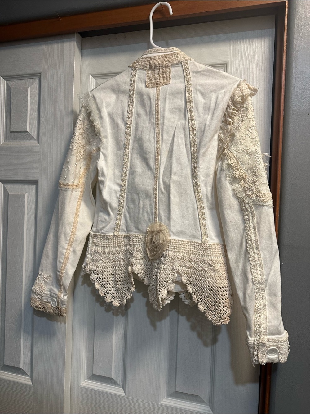Women's Ivory Embroidered Lace-Trim Jean Jacket - Picture 2 of 3